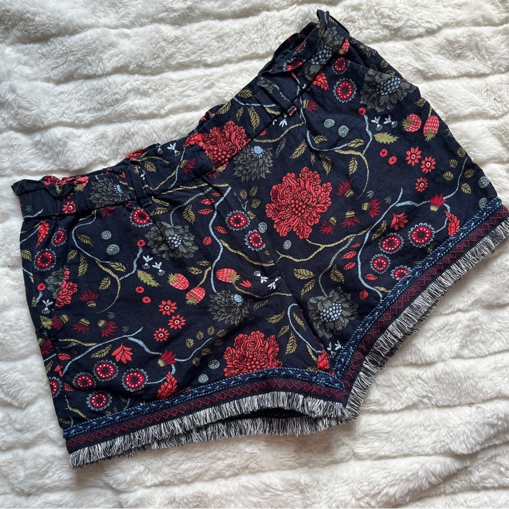 Loft primavera floral strawberry fringe shorts